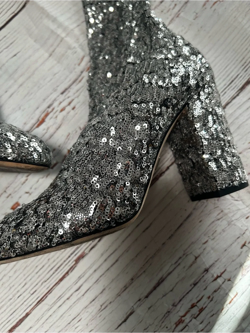 Dolce & Gabbana Silver Sequin Knee-High Block Heel Sock Boots Sz 37